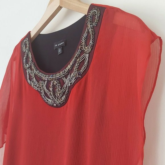 Womens Small Blouse Beaded Red Asymmetric Tiered Tunic Top Sheer Fancy - Picture 7 of 9